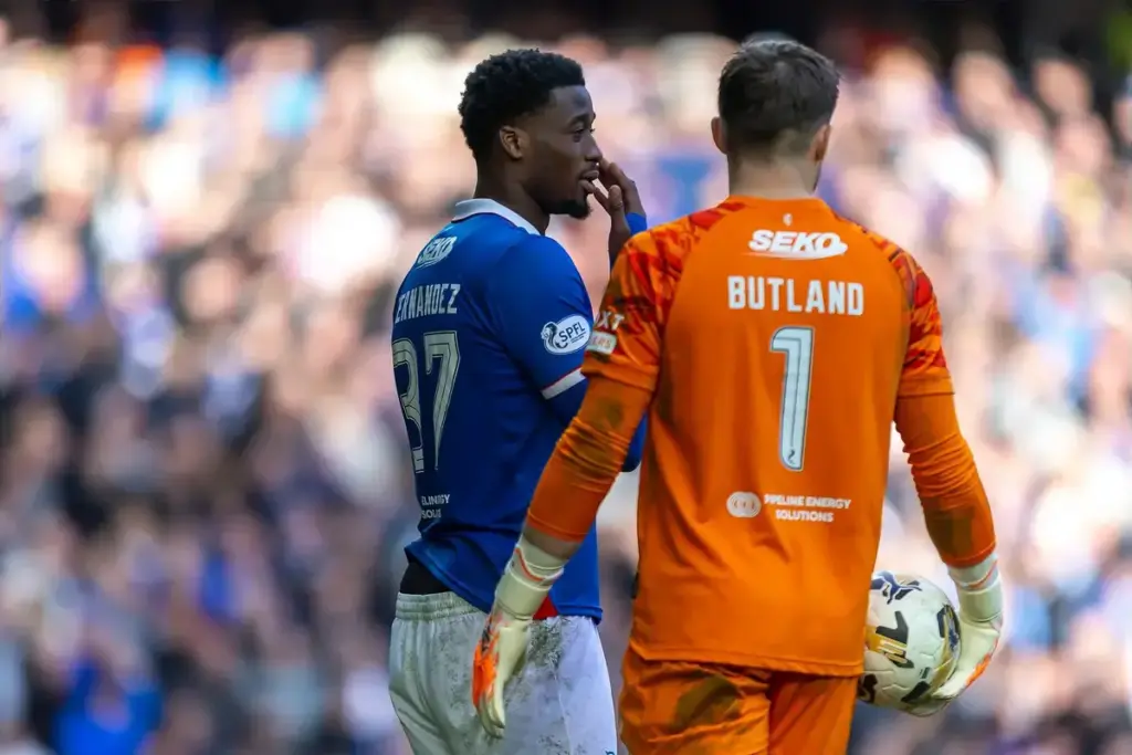 Emmanuel Fernandez of Rangers FC has a quiet word with his Goalkeeper Jack Butland of Rangers FC during the Scottish Gas Scottish Cup 1/4 Final Rangers FC vs Celtic FC, Ibrox Stadium, Glasgow, Scotland. 8 March 2026