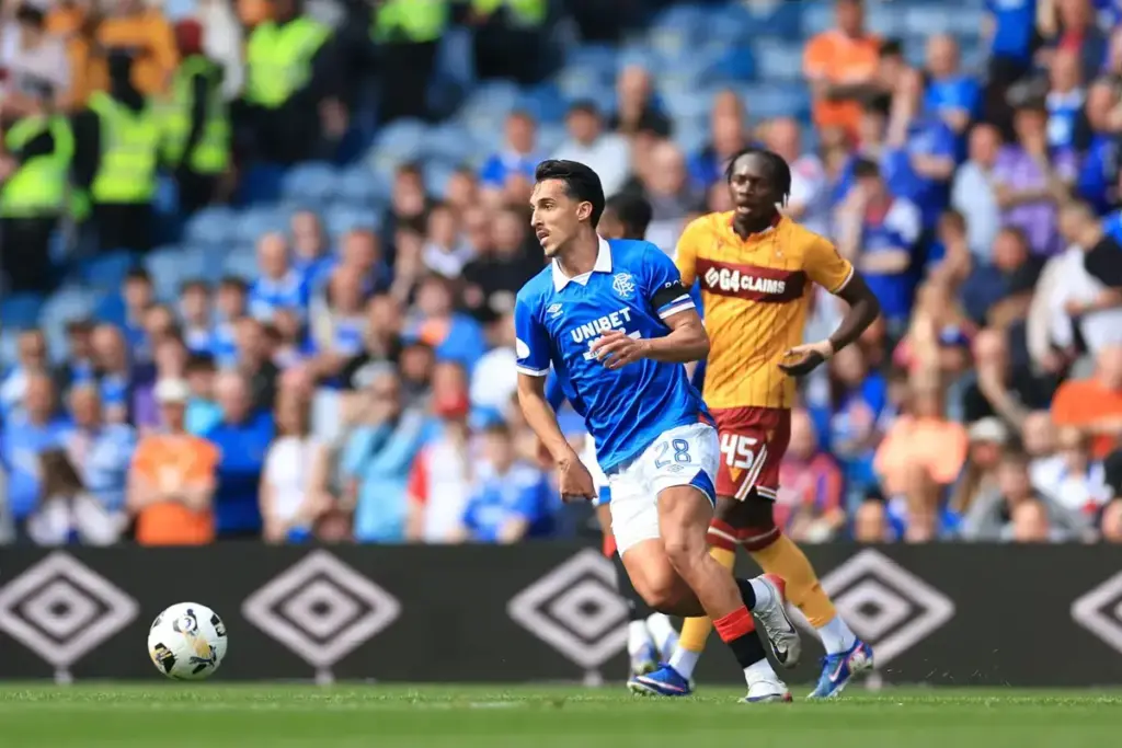 Bojan Miovski of Rangers on the ball during the William Hill Premiership match at Ibrox Stadium, Glasgow 26/04/2026