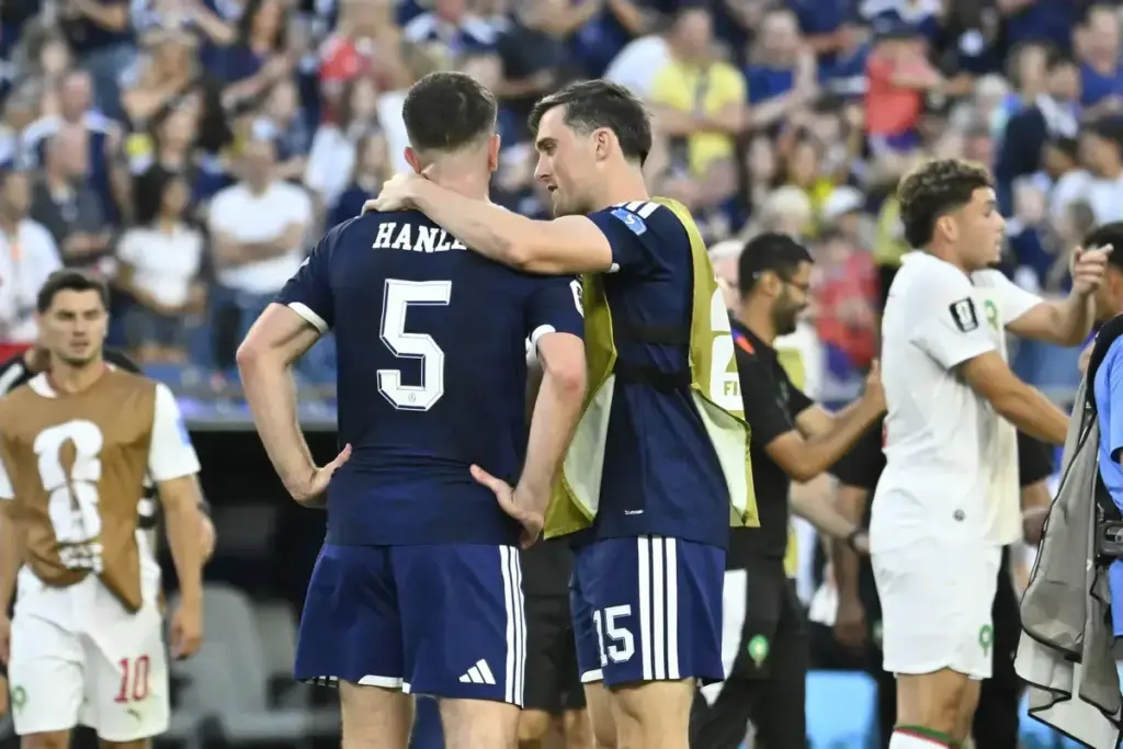 Scotland defender John Souttar #15 talks to defender Grant Hanley #5 after their loss to Morocco at the FIFA World Cup 2026 match at Boston Stadium, in Foxborough, Massachusetts on June 19, 2026. (Photo by Eric Canha/Sipa USA)