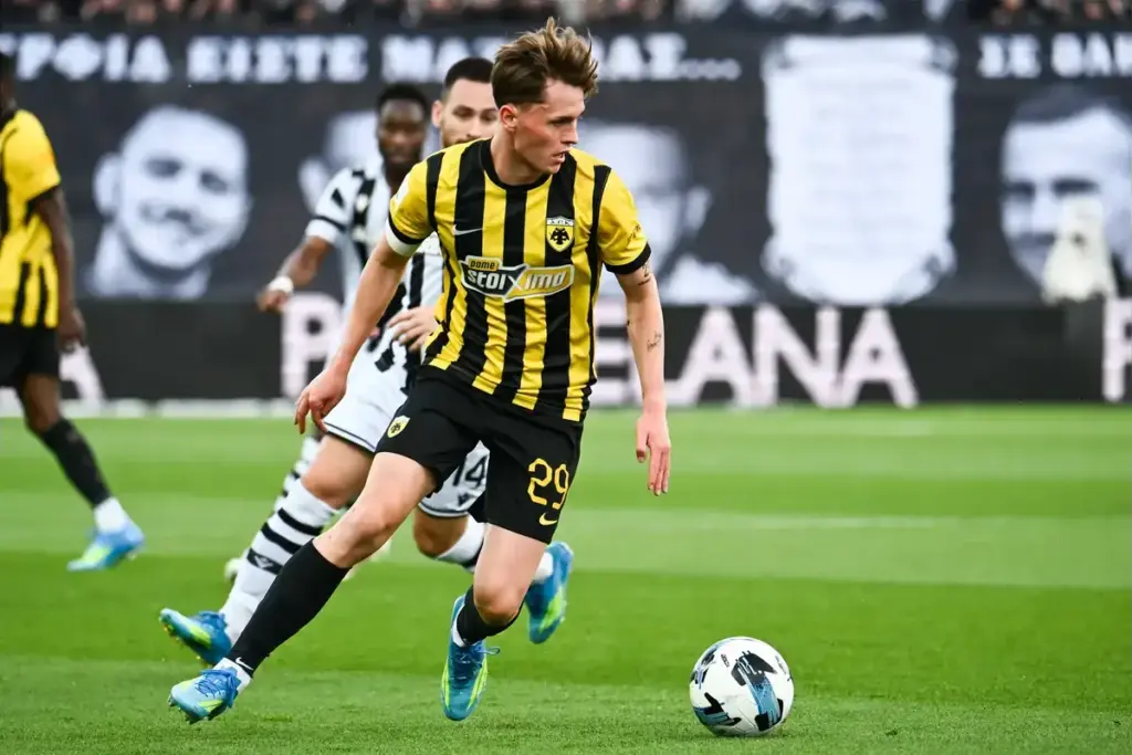 May 13, 2026, Thessaloniki, Greece: AEK's James Penrice in action during a Greek Superleague playoffs game between PAOK FC and AEK FC. (Credit Image: © Giannis Papanikos/ZUMA Press Wire)