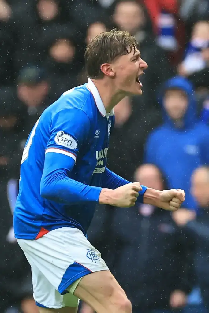 Ryan Naderi of Rangers celebrates scoring his teams first goal during the William Hill Premiership match at Ibrox Stadium, Glasgow 04/04/2026