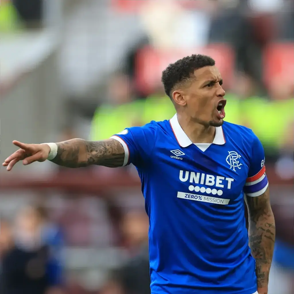 James Tavernier of Rangers shouts instructions to his team mates during the William Hill Premiership match at Tynecastle Park, Edinburgh 04/05/2026