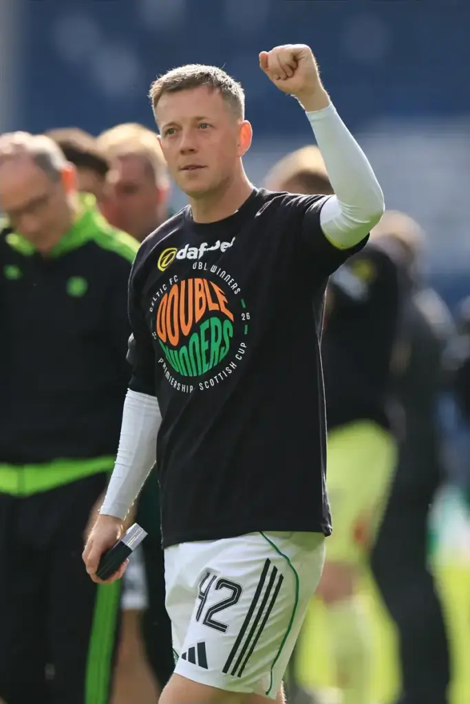 Callum McGregor of Celtic celebrates at full time towards supporters during the Scottish Gas Men's Scottish Cup Final between Celtic and Dunfermline Athletic at Barclays Hampden, Glasgow 23/05/2026