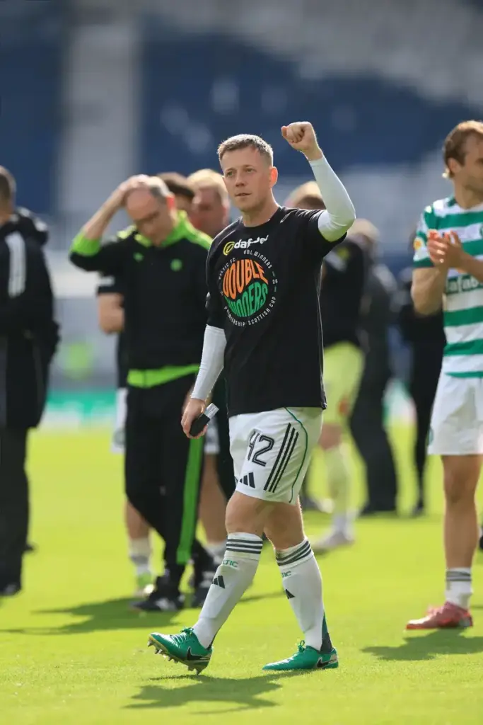 Callum McGregor of Celtic celebrates at full time towards supporters during the Scottish Gas Men's Scottish Cup Final between Celtic and Dunfermline Athletic at Barclays Hampden, Glasgow 23/05/2026