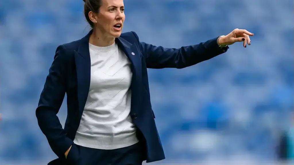 rangers women vs celtic: Leanne Crichton, Rangers Women manager, giving instructions on the touchline