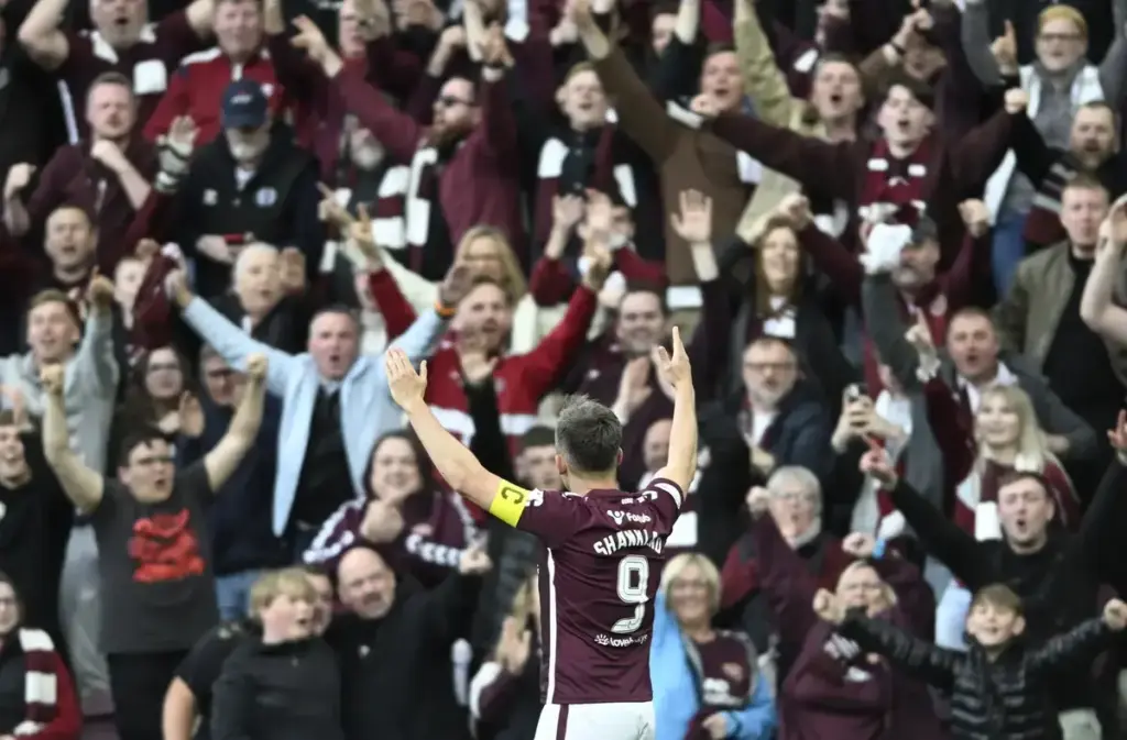 Edinburgh, Scotland, 4th May 2026. Lawrence Shankland of Hearts celebrates with the fans after scoring to make it 2-1 during the Hearts vs Rangers Scottish Premiership match at Tynecastle Park, Edinburgh. Picture credit should read: Neil Hanna / Spor