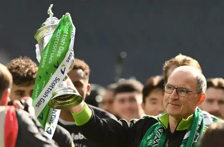 Glasgow, Scotland, 23rd May 2026. Celtic Manager Martin O'Neill with the Scottish Cup during the Celtic vs Dunfermline Athletic Scottish Cup match at Hampden Park, Glasgow. Picture credit should read: Neil Hanna / Sportimage