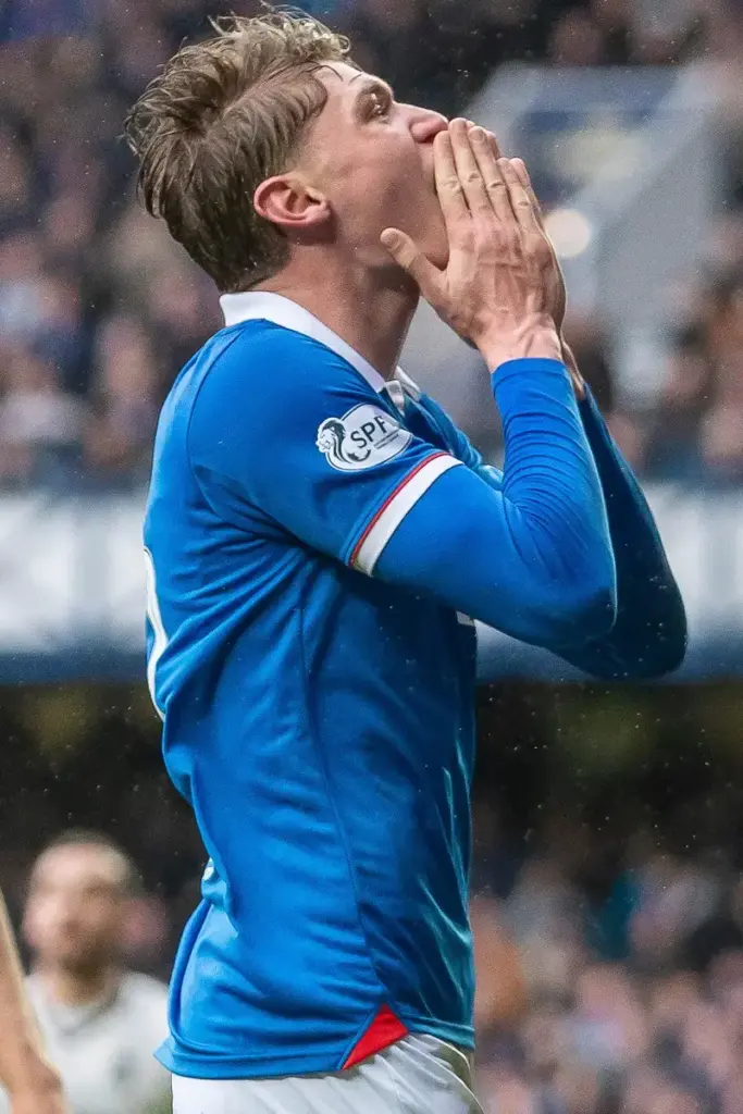 Ryan Naderi of Rangers FC loos to the skies after seeing header saved on the line during the William Hill Scottish Premiership Rangers vs Dundee United, Ibrox Stadium, Glasgow, Scotland. 4 April 2026