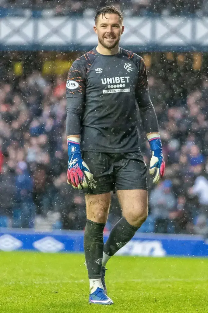 Jack Butland of Rangers FC celebrates in front of the supporters after Rangers secure all 3 points with a late goal during the William Hill Scottish Premiership Rangers vs Dundee United, Ibrox Stadium, Glasgow, Scotland. 4 April 2026