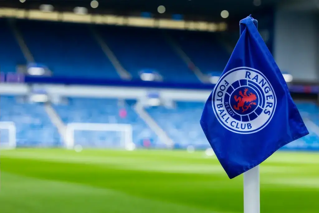 Rangers crest on the corner flag ahead of the William Hill Scottish Premiership match between Rangers and Motherwell at Ibrox, Glasgow, UK on 26 April 2026.