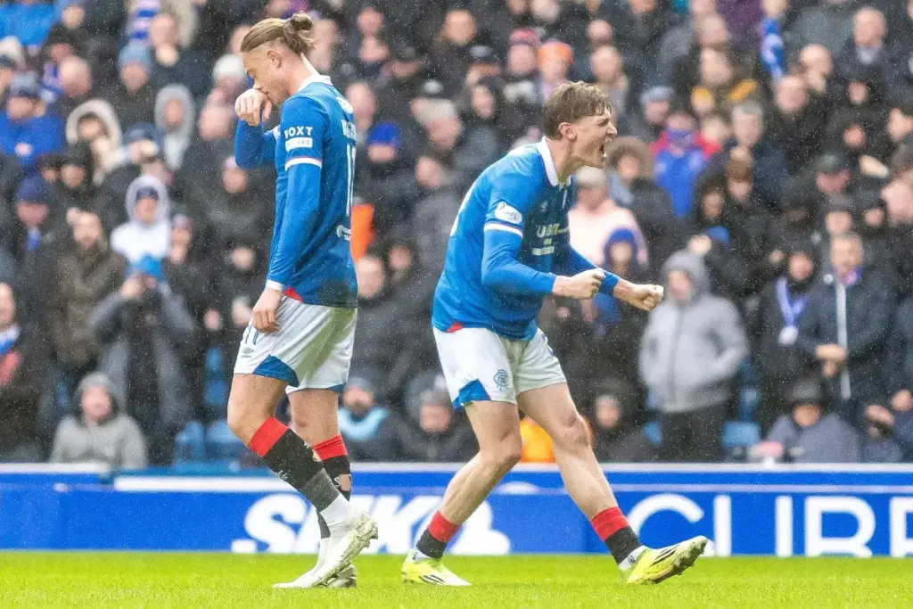 Goal! 1-0 Ryan Naderi of Rangers FC turns to the fans and celebrates after scoring during the William Hill Scottish Premiership Rangers vs Dundee United, Ibrox Stadium, Glasgow, Scotland. 4 April 2026