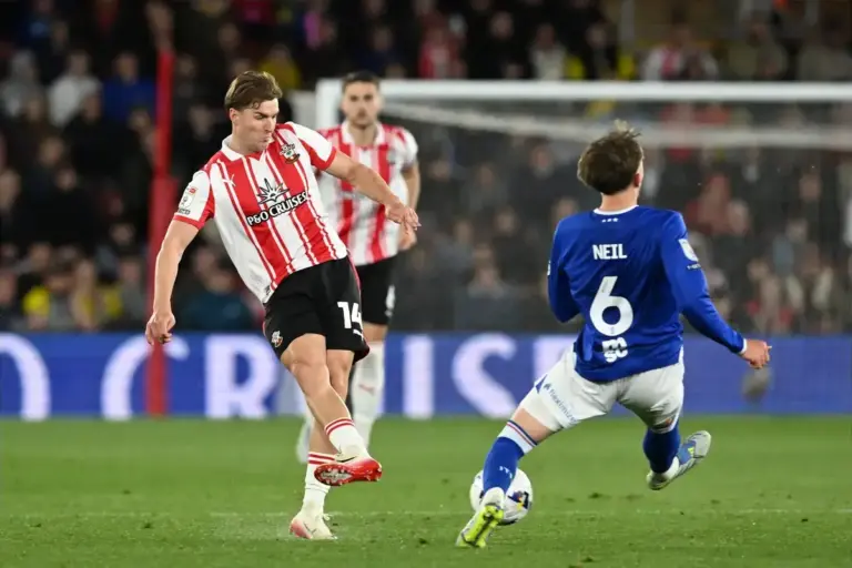 James Bree (14) of Southampton on the attack battles for possession with Dan Neil (6) of Ipswich Town during the EFL Sky Bet Championship match between Southampton and Ipswich Town at the St Mary's Stadium, Southampton, UK on 28 April 2026.